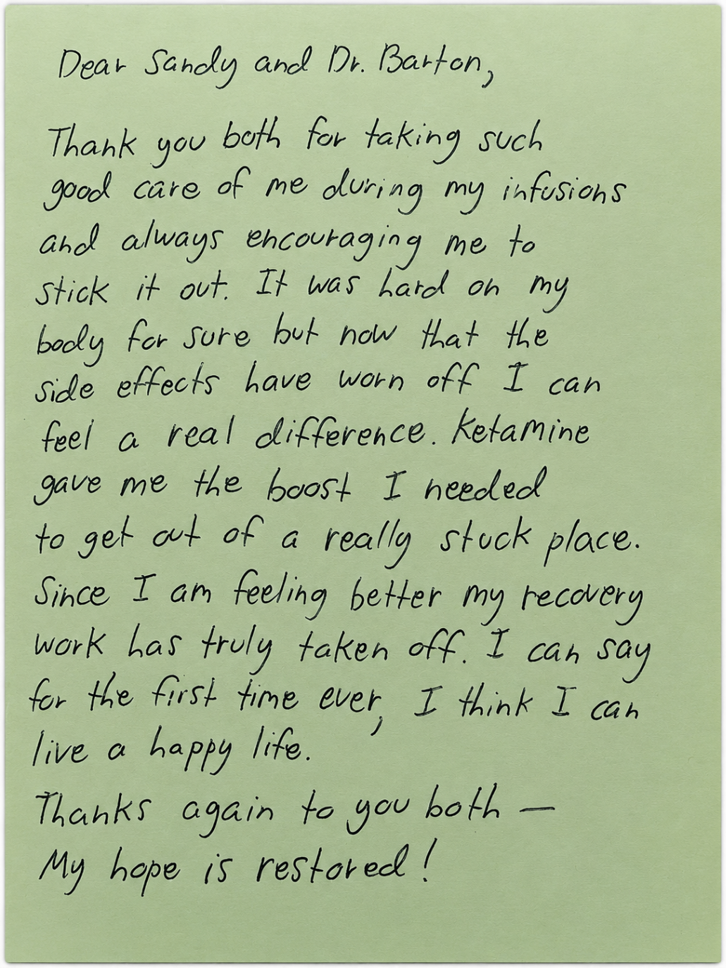 Handwritten letter saying hope is restored