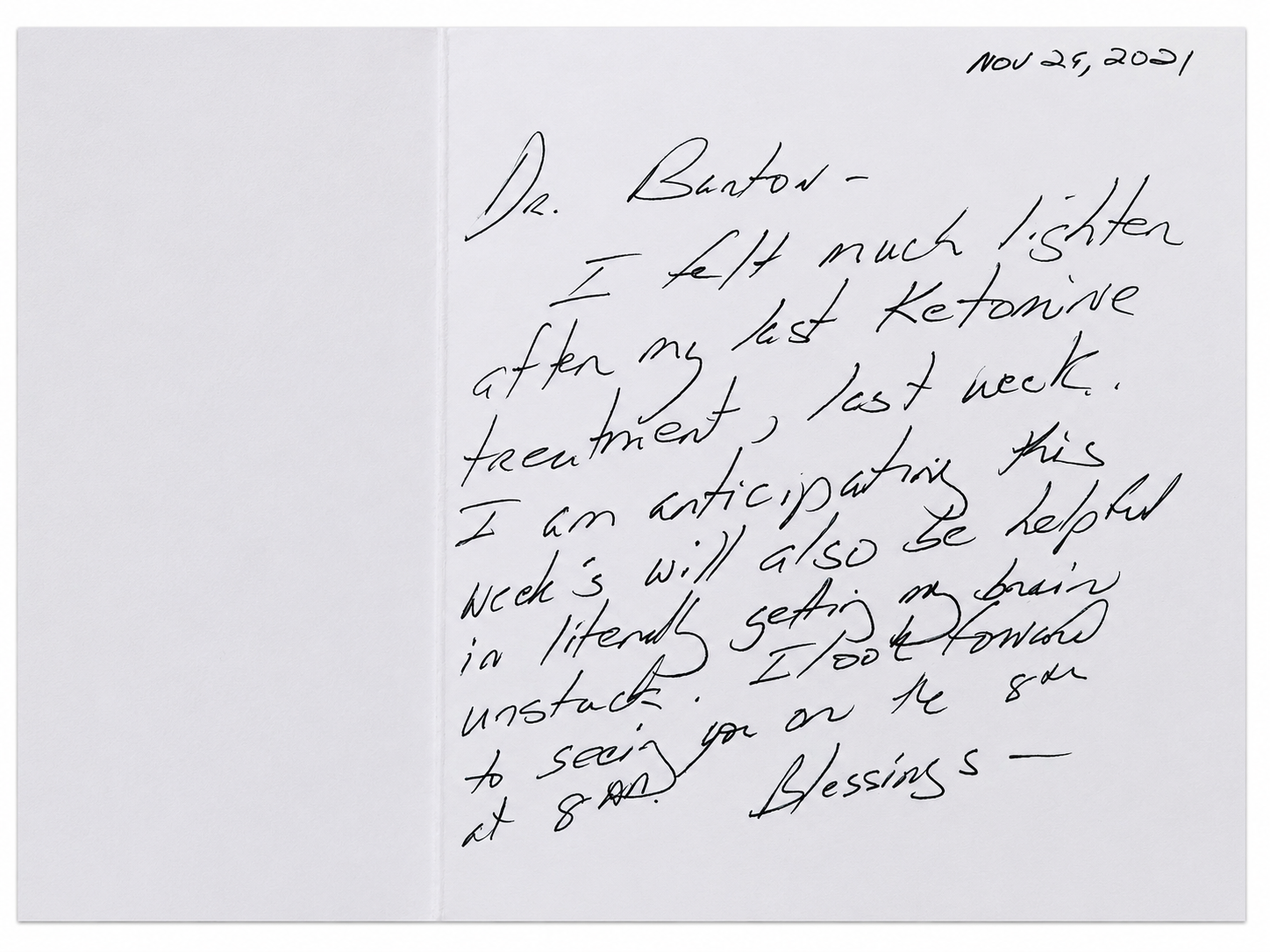 Handwritten letter saying the patient felt lighter