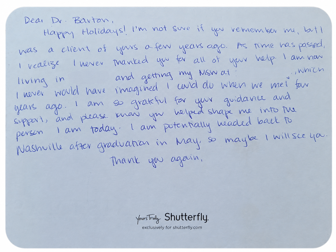 Handwritten holiday note of thanks