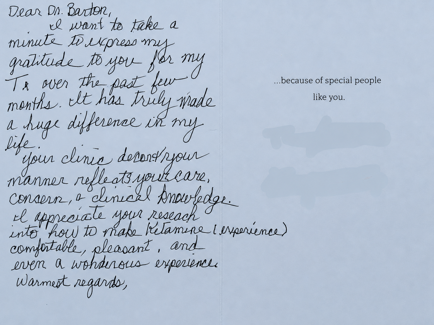 Handwritten letter expressing gratitude for clinic care