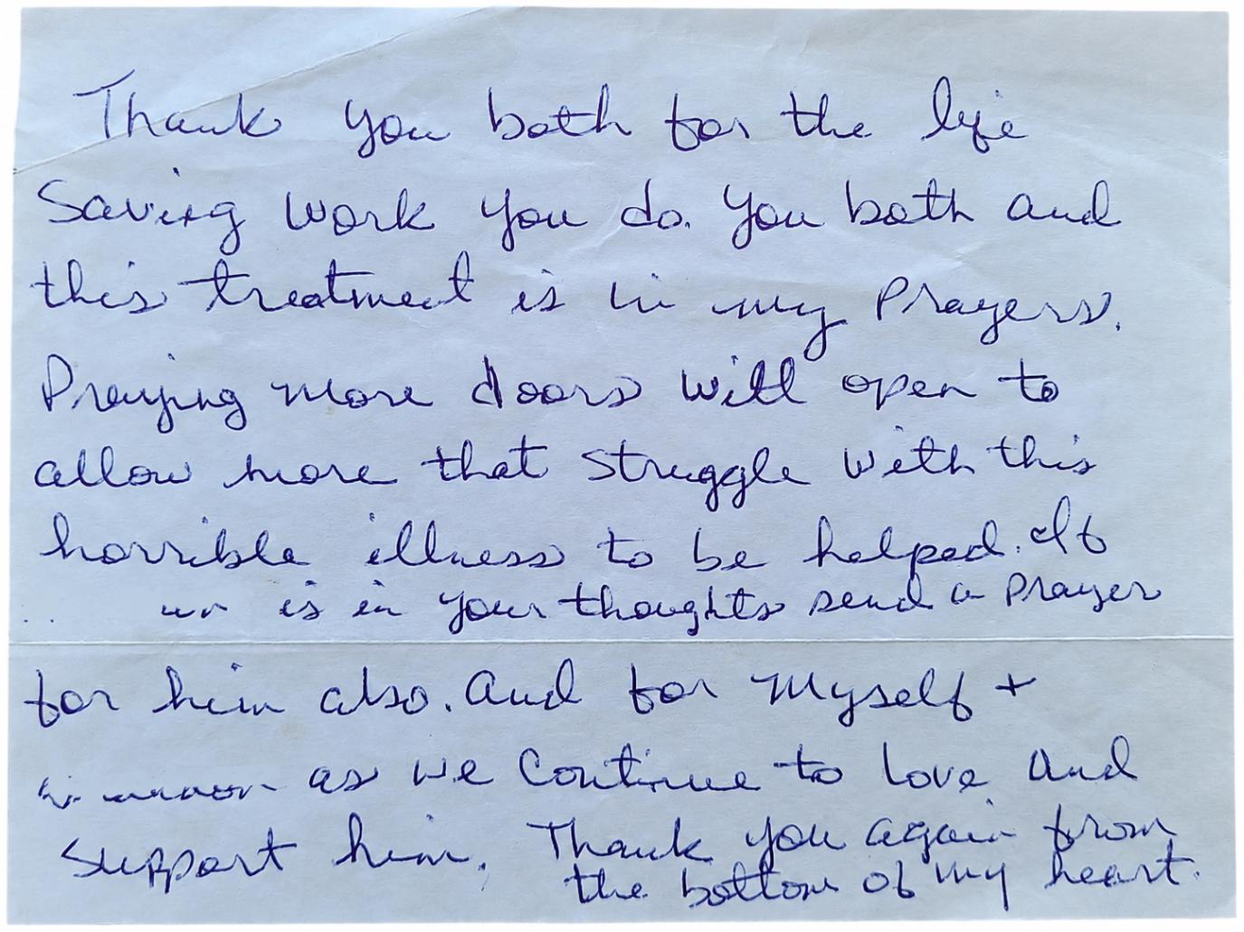 Handwritten letter thanking the clinic for life saving work